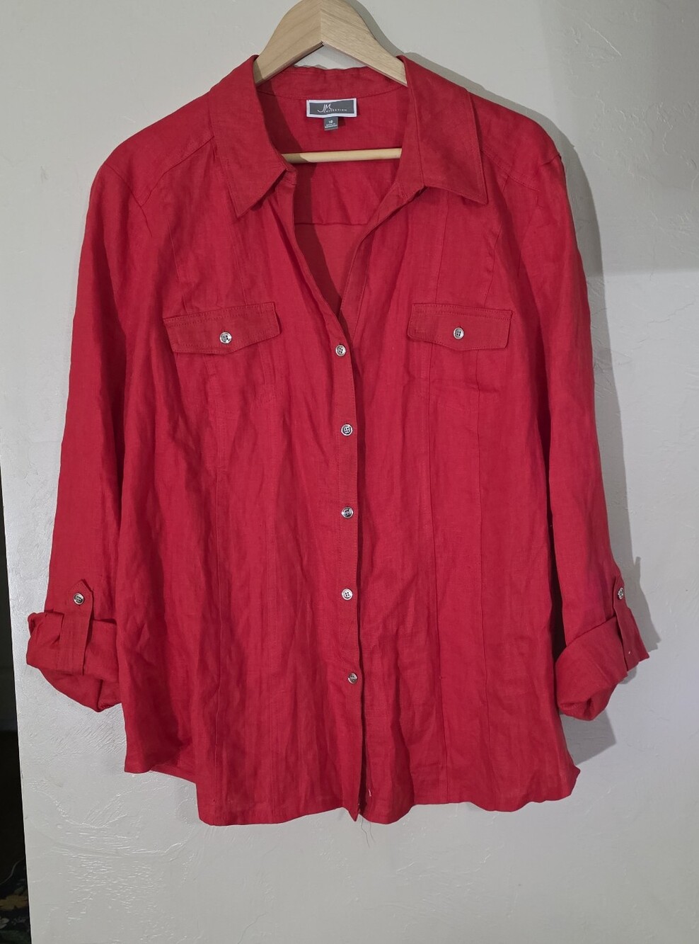 JM Collection Red 100% Linen Button-Up Shirt